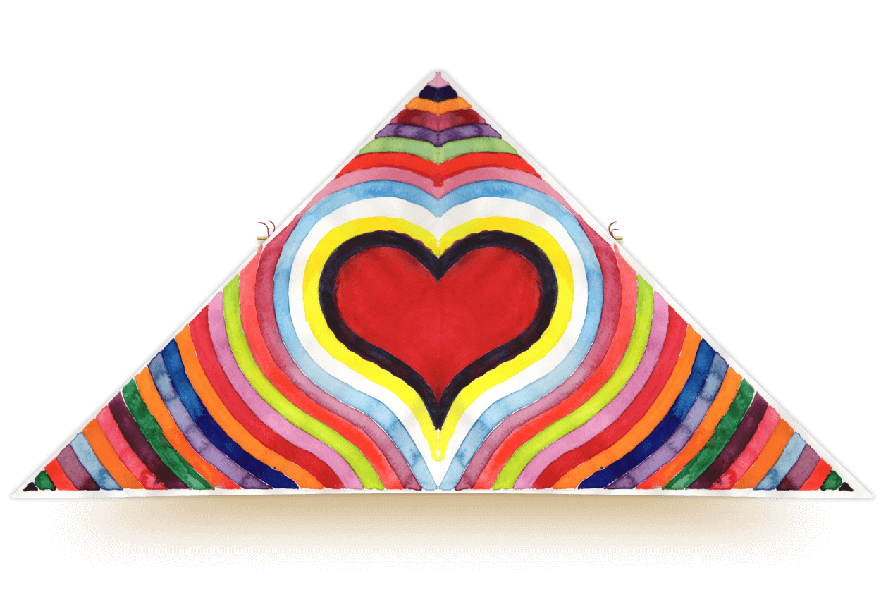 Delta kite with a bold red heart surrounded by vibrant rainbow-colored stripes, designed by artist Leland Wong-Daugherty