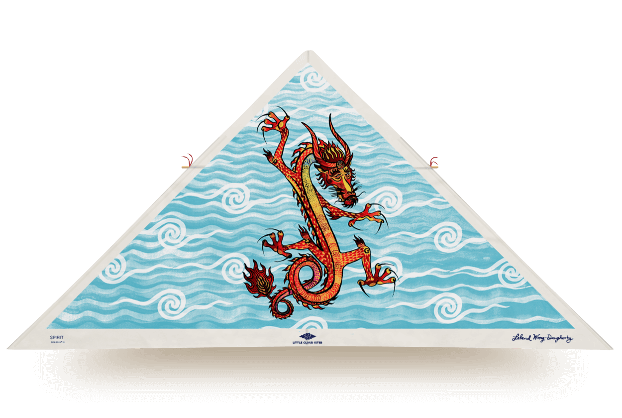 Delta kite titled Fearless Compassion, featuring a red Chinese dragon over swirling blue waves, designed by artist Leland Wong-Daugherty