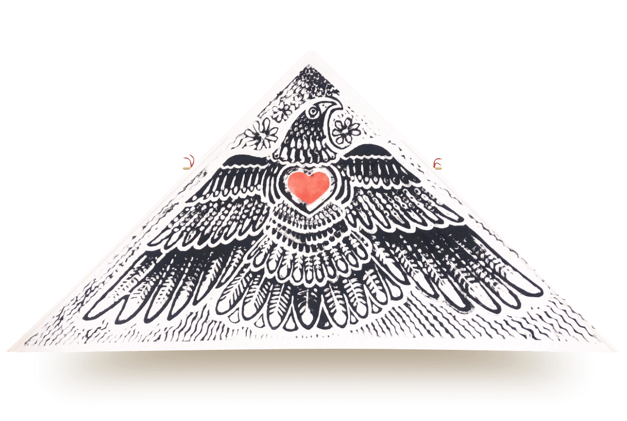 Hand-printed delta kite titled Love Bird, featuring a black bird with outstretched wings and a red heart on its chest, by artist Leland Wong-Daugherty