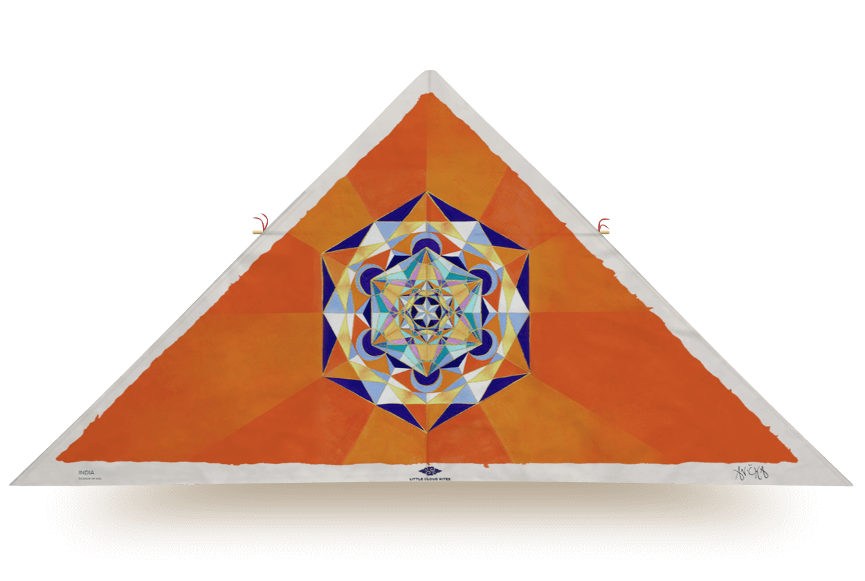 Delta kite titled India with a vivid orange background and a central mandala design in blue, white, and yellow geometric patterns; slight water stain visible on edge