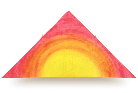 Delta kite titled Misfit 6, featuring a warm tie-dye gradient of yellow, orange, and red in a sunrise-like arc