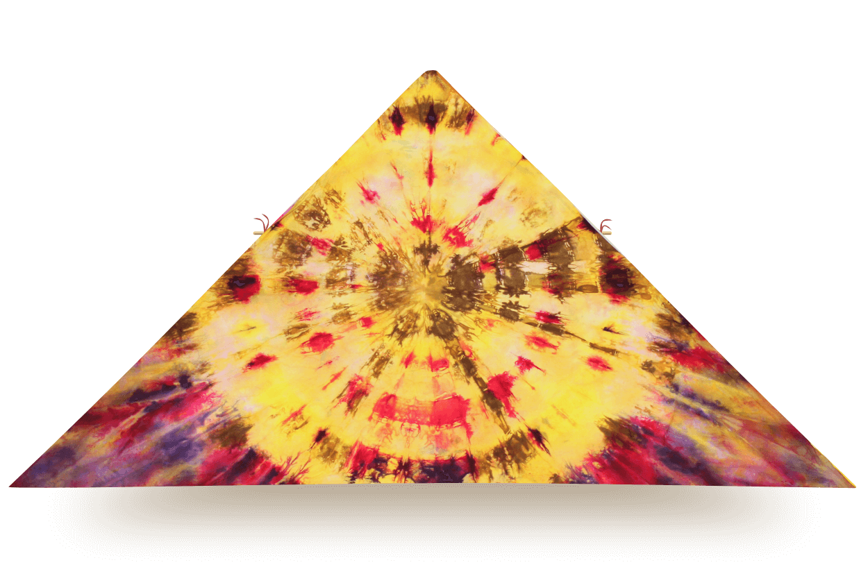 Delta kite titled Misfit 21, featuring a bold radial tie-dye design in yellow, red, brown, and purple tones