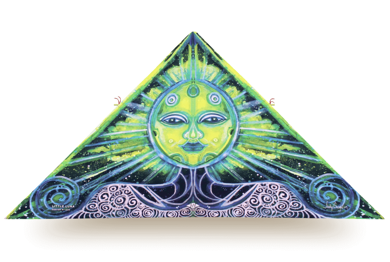 Delta kite titled Little Luna featuring a luminous green celestial face radiating beams of light, with swirling moon motifs and cosmic wave patterns in black, white, and teal