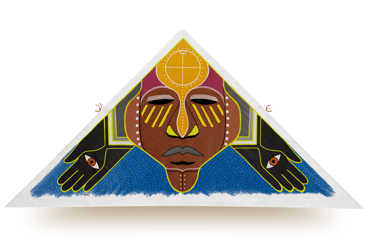 Delta kite featuring a bold face with closed eyes and two hands with eyes in the palms, designed by artist Mariosupa