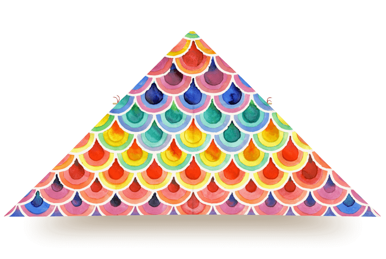 Delta kite with vibrant rainbow-colored scale pattern resembling feathers, titled Quetzal