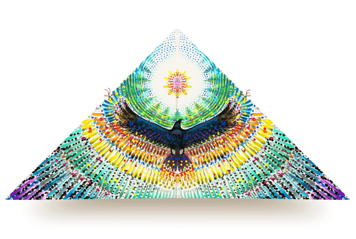 Delta kite with radiant black bird and rainbow-colored wings flying toward a glowing sunburst in a dotted sky