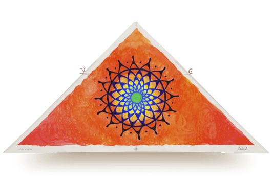 Delta kite titled Shakti with a radiant orange background and central mandala in blue, yellow, and green, designed by Leland Wong-Daugherty