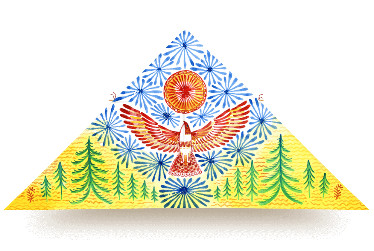 Delta kite with soaring red bird, radiating sun, and green pine trees on a bright yellow and blue background