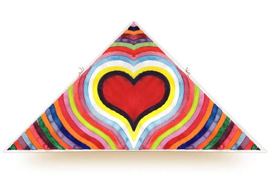 Delta kite with a bold red heart surrounded by vibrant rainbow-colored stripes, designed by artist Leland Wong-Daugherty