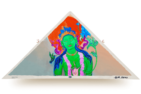 Delta kite featuring Green Tara with vibrant green skin, flowing hair, and lotus flowers, designed by artist Faith Stone