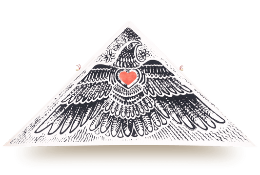 Hand-printed delta kite titled Love Bird, featuring a black bird with outstretched wings and a red heart on its chest, by artist Leland Wong-Daugherty