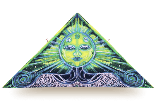 Delta kite titled Little Luna featuring a luminous green celestial face radiating beams of light, with swirling moon motifs and cosmic wave patterns in black, white, and teal