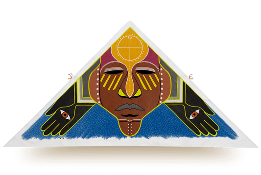 Delta kite featuring a bold face with closed eyes and two hands with eyes in the palms, designed by artist Mariosupa