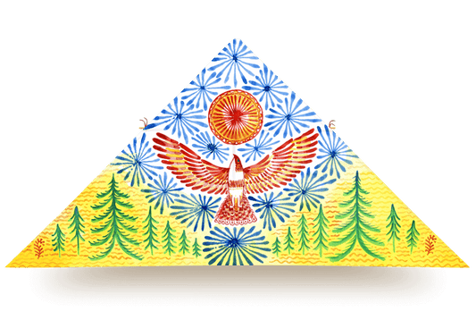 Delta kite with soaring red bird, radiating sun, and green pine trees on a bright yellow and blue background